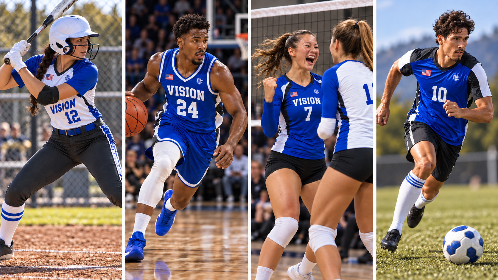 Softball, basketball, volleyball and soccer athletes in royal blue and white uniforms